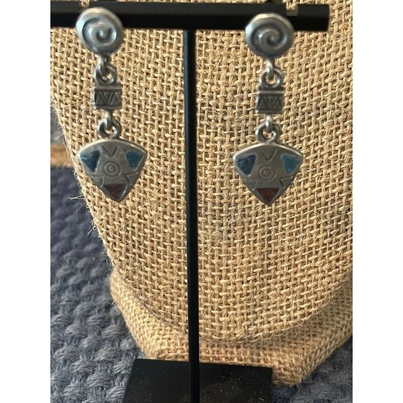 VAL silver tone dangle earrings inlay stones pierced Boho Southwestern - Picture 1 of 4